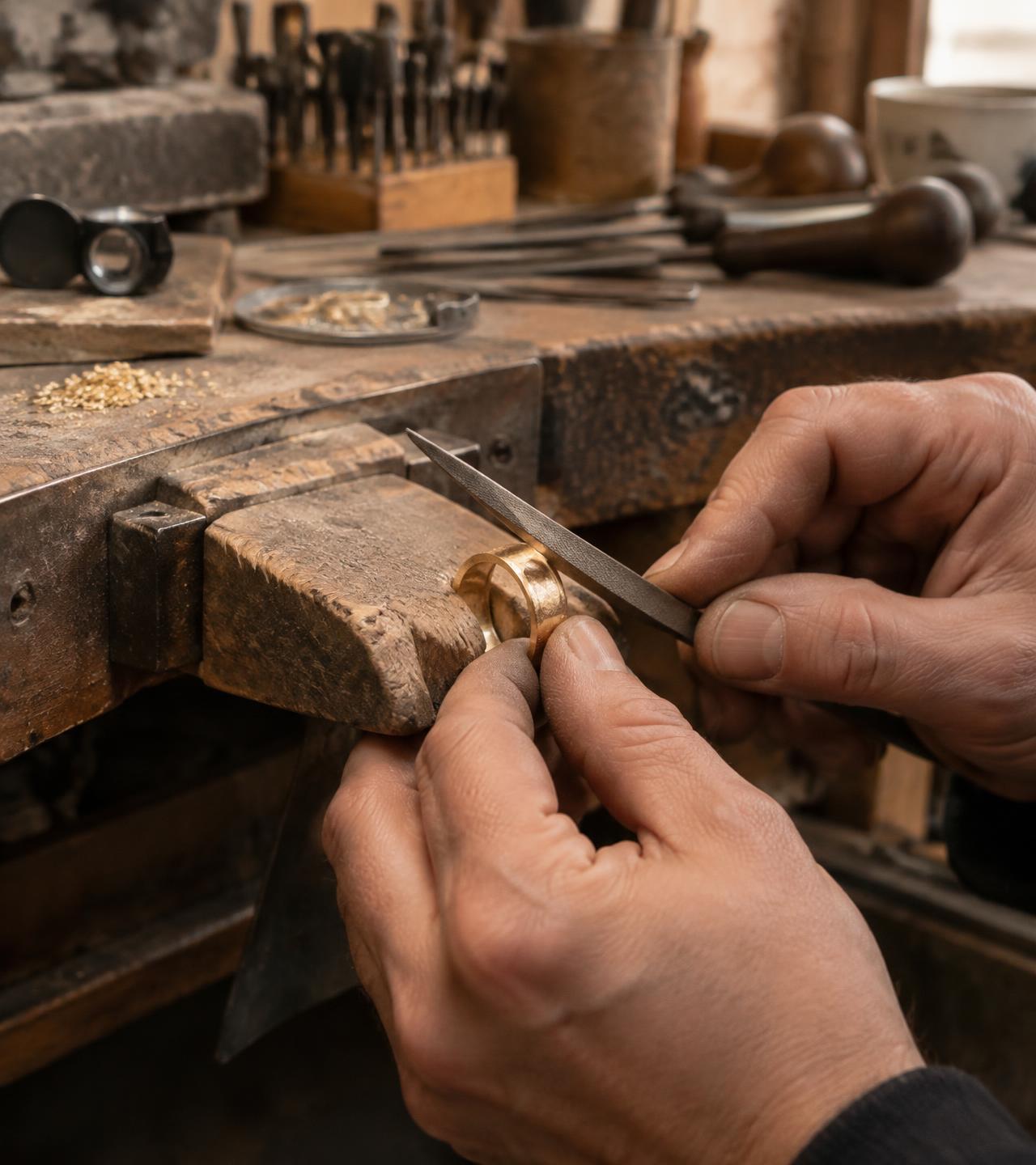 A jeweller filing a gold ring at a workshop bench